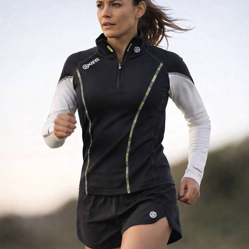Skins Thermal Long Sleeve‎ Compression Top Womens Black White Half Zip Mock Neck